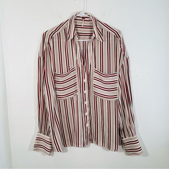 Free People Mad About You Satin Striped V Neck Button Down Shirt Medium - Picture 2 of 15
